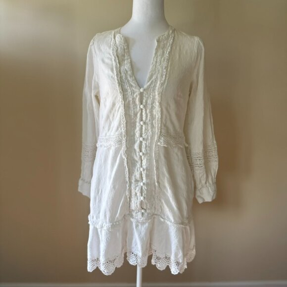 Anthropologie Button Front Mini Dress Lace Boho Women's Long Sleeve Dress Medium - Picture 1 of 8